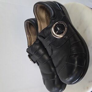 Alegria Black Leather Loafers with Silver Velcro Buckles Size 40